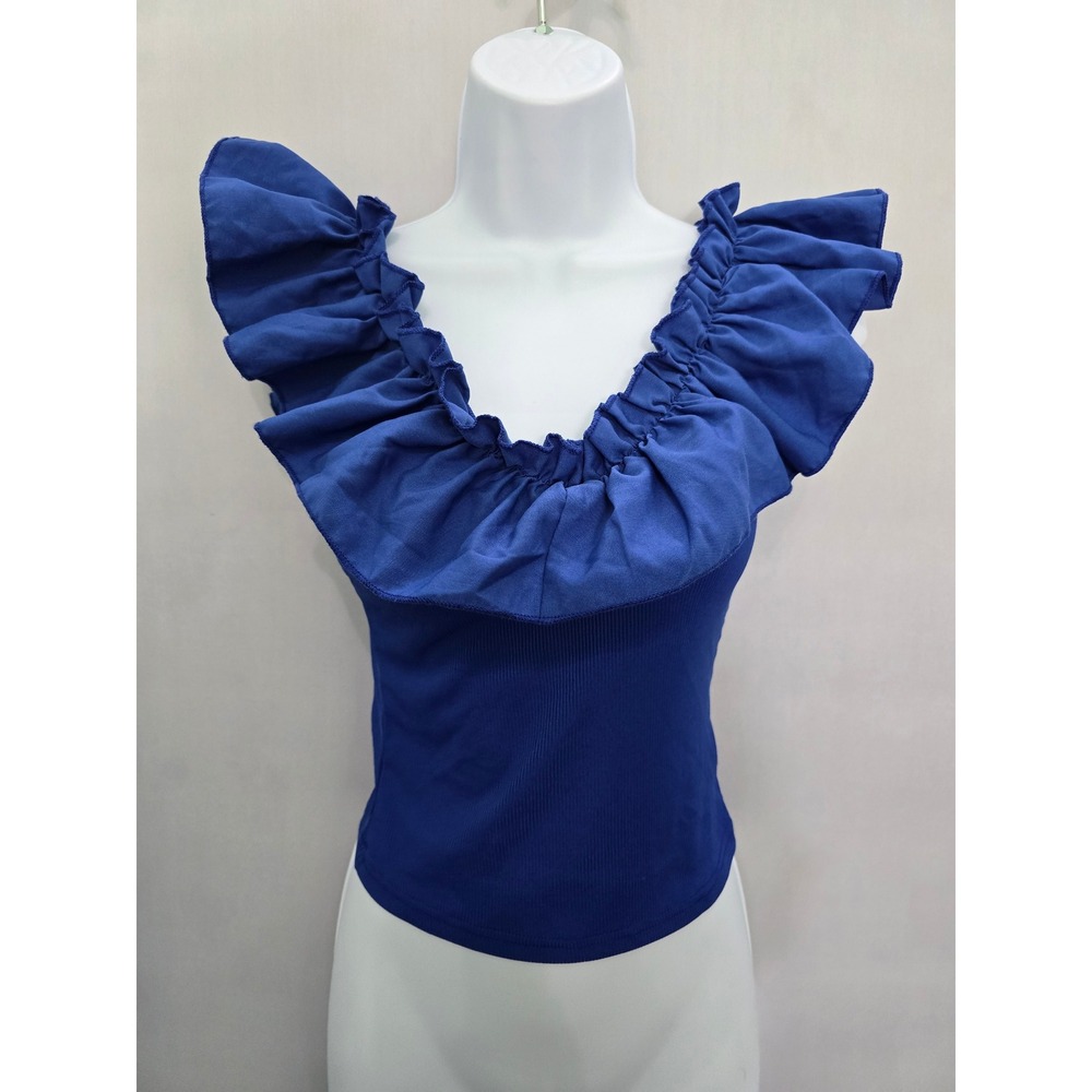 Blue Ruffle Ribbed Crop Top Shein XS
